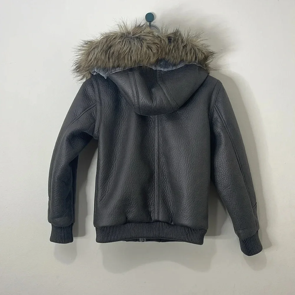 Robert Phillipe Gray Faux Leather Kids Coat Jacket with Fur Hood Size 12‎
